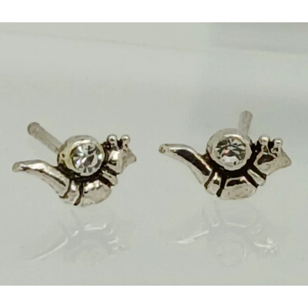 Vintage 1990s Thai Sterling Silver 925 Snail Stud Earrings Crystal Tiny Nature